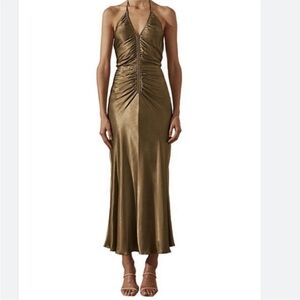 NWT Shona Joy Olive Green Satin Halter Dress